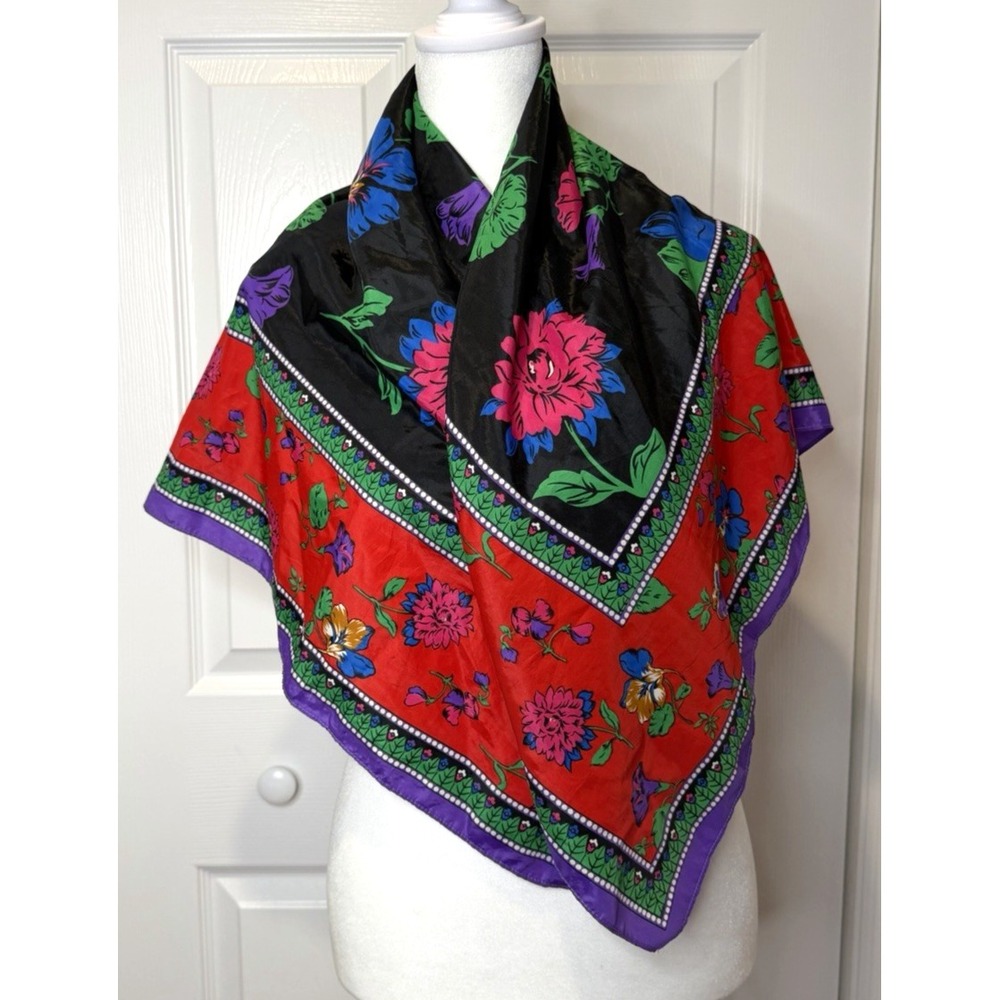 Vintage Womens Floral Satin Square Scarf OS Dark Fairy‎ Romantic Whimsical Twee